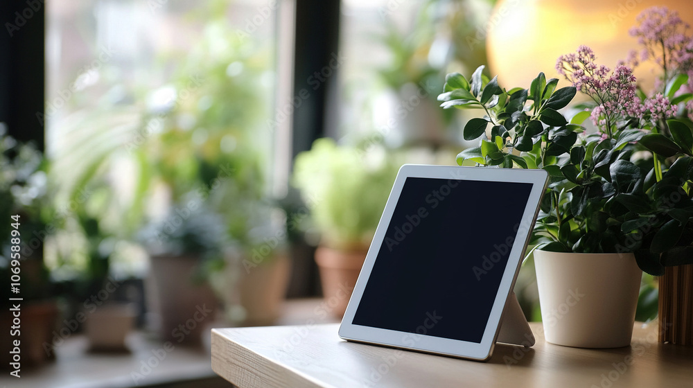 Tablet on table, living room interior Tablet on table, living room interior