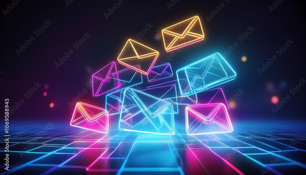 A vibrant digital scene featuring glowing envelopes hovering over a futuristic grid, symbolizing communication and technology. A vibrant digital scene featuring glowing envelopes hovering over a futuristic grid, symbolizing communication and technology.