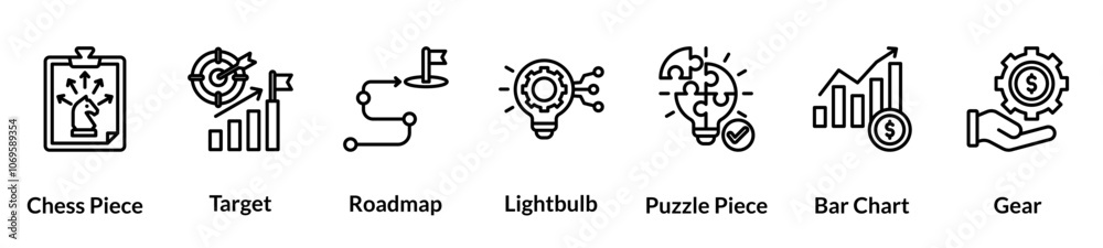 Business strategy line icon set. Chess Piece, Target, Roadmap, Lightbulb, Puzzle Piece, Bar Chart, Gear