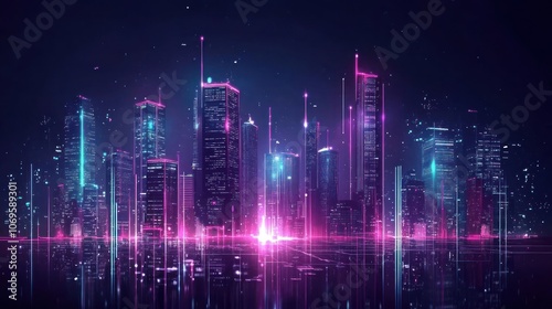 A futuristic cityscape illuminated by vibrant neon lights, showcasing advanced architecture.