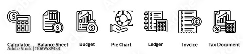 Accounting line icon set. Calculator, Balance Sheet, Budget, Pie Chart, Ledger, Invoice, Tax Document