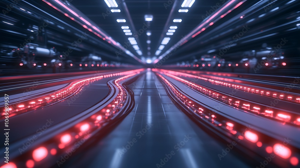 Fototapeta premium A futuristic corridor illuminated by red lights, creating a dynamic perspective with a sense of depth.