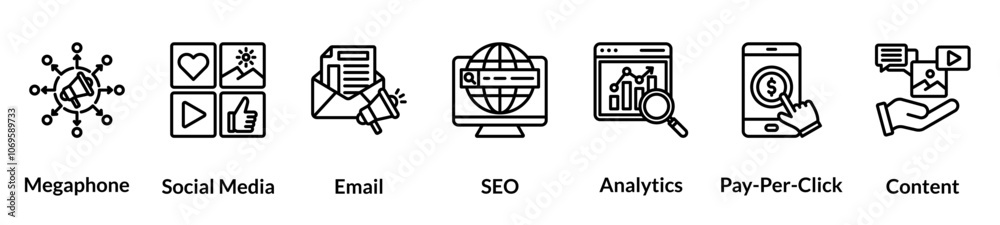 Digital marketing line icon set. Megaphone, Social Media, Email, SEO, Analytics, Pay Per Click, Content Digital marketing line icon set. Megaphone, Social Media, Email, SEO, Analytics, Pay Per Click, Content