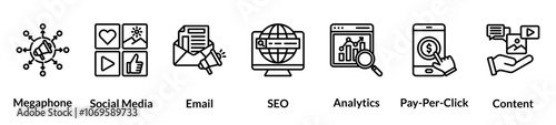 Digital marketing line icon set. Megaphone, Social Media, Email, SEO, Analytics, Pay Per Click, Content