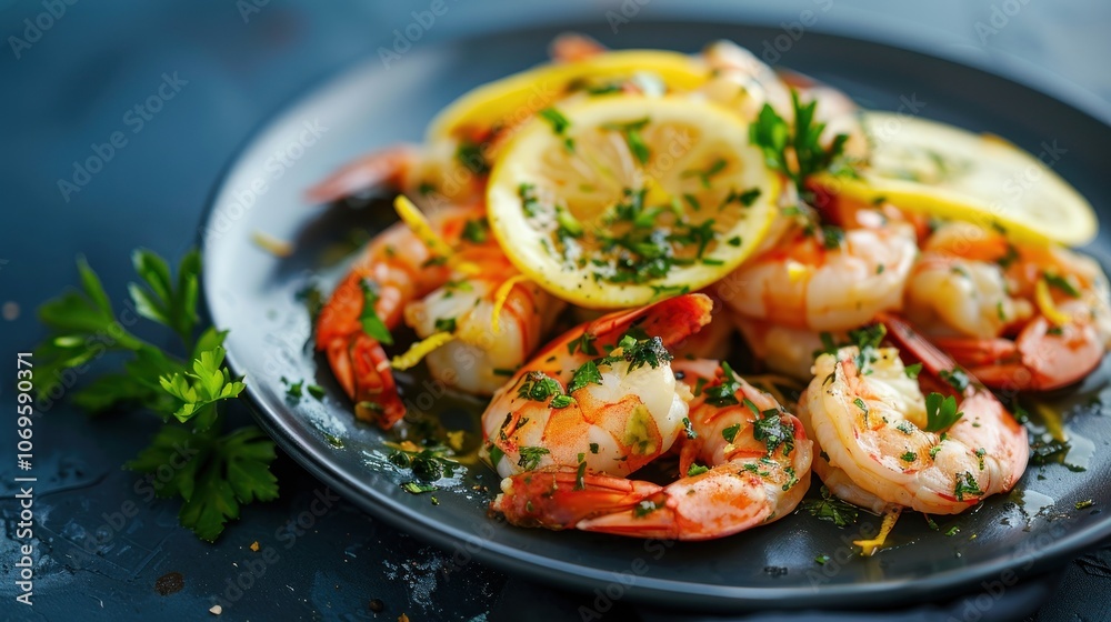 A delicious plate of prawns garnished with lemon slices and herbs on a dark blue background,