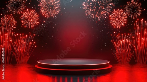 Black Platform with Red Neon Lights and Fireworks in the Background