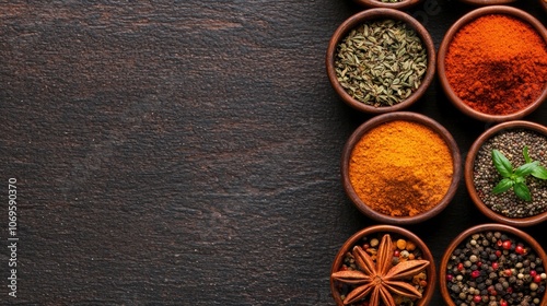 Assortment of aromatic spices and herbs on dark wooden background