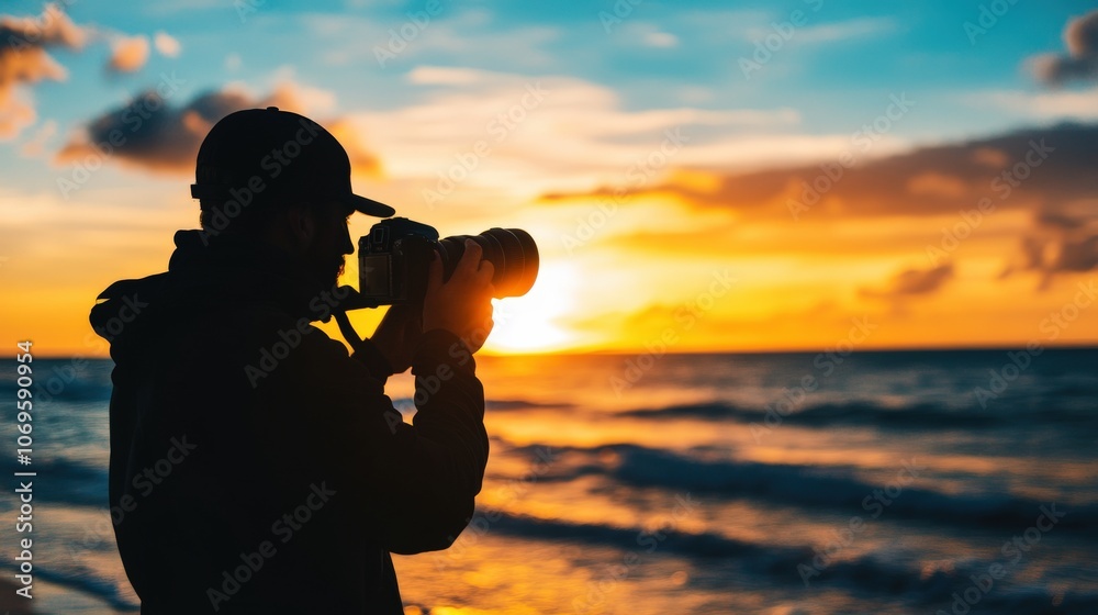 Silhouette of a photographer capturing a vibrant ocean sunset, showcasing the beauty of nature and creativity in perfect harmony. Silhouette of a photographer capturing a vibrant ocean sunset, showcasing the beauty of nature and creativity in perfect harmony.