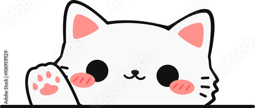 Cute Cartoon White Cat Waving Paw Illustration, Kawaii Cat Doodle Waving Hand