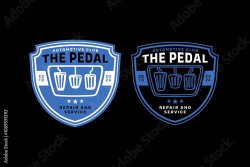 pedal of manual transmission car vehicle retro badge logo design for automotive, garage, workshop. brake clutch and acceleration pedals vintage emblem logo collection for driver, racer