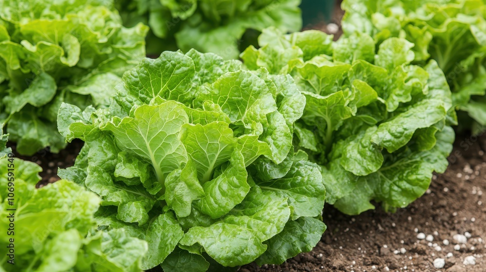 Fresh green lettuce growing steadily in a well-maintained garden bed during spring Fresh green lettuce growing steadily in a well-maintained garden bed during spring