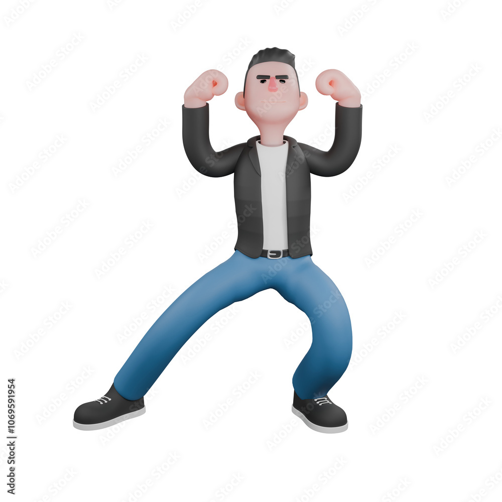 Animated Music Character in 3D. A male musician is standing with his legs wide apart, the right straight to the side and the left slightly bent while both hands are raised up and clenched. Musik Star Animated Music Character in 3D. A male musician is standing with his legs wide apart, the right straight to the side and the left slightly bent while both hands are raised up and clenched. Musik Star