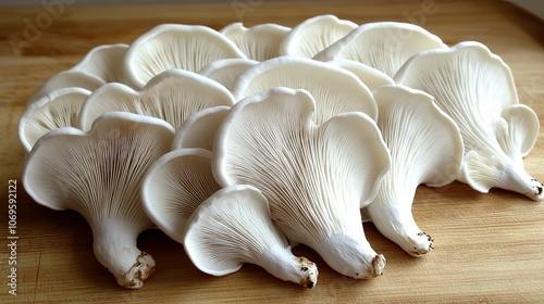 A cluster of fresh, white oyster mushrooms arranged on a wooden surface. photo