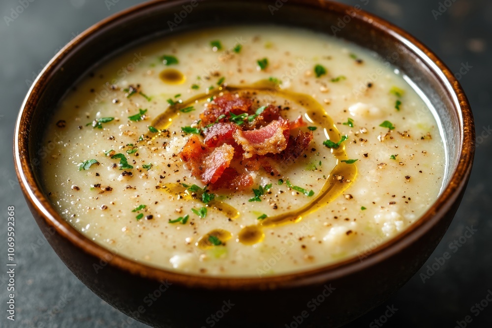 Delicious creamy potato soup with crispy bacon garnish Delicious creamy potato soup with crispy bacon garnish