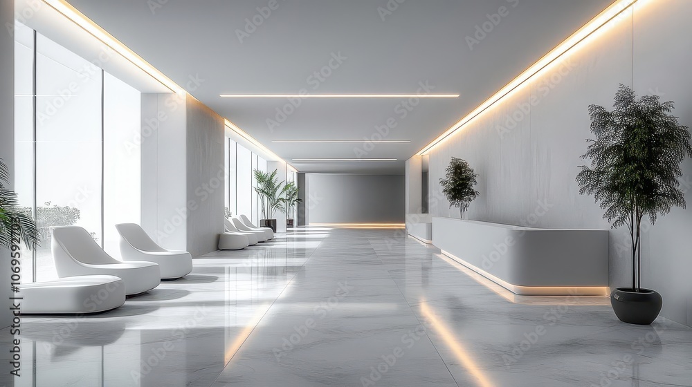 Fototapeta premium minimalistic white reception area of a modern medical office, featuring sleek design elements, clean lines, and an inviting atmosphere for patients
