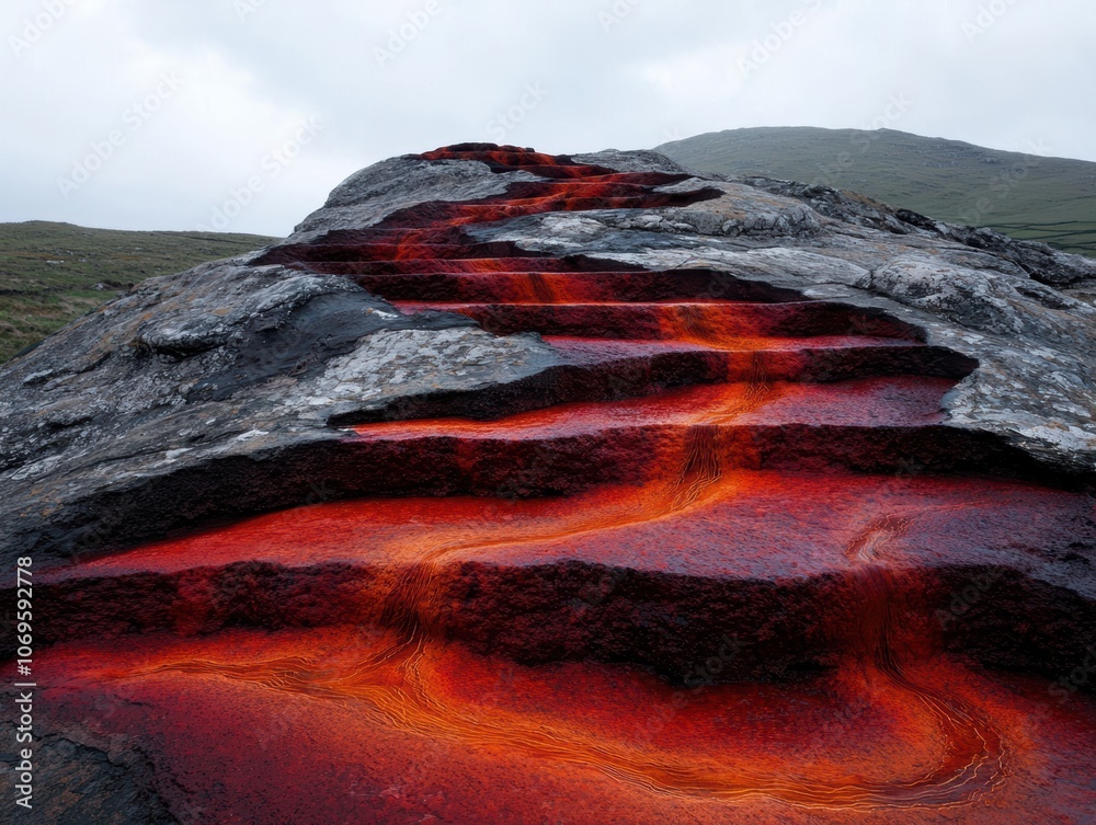 Fototapeta premium Vibrant molten lava flows across rocky terrain