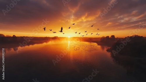 A serene sunset over a river, with birds flying across the sky, creating a tranquil atmosphere.