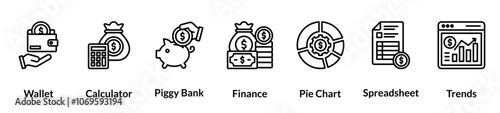 Money Management line icon set. Wallet, Calculator, Piggy Bank, Finance, Pie Chart, Spreadsheet, Trends