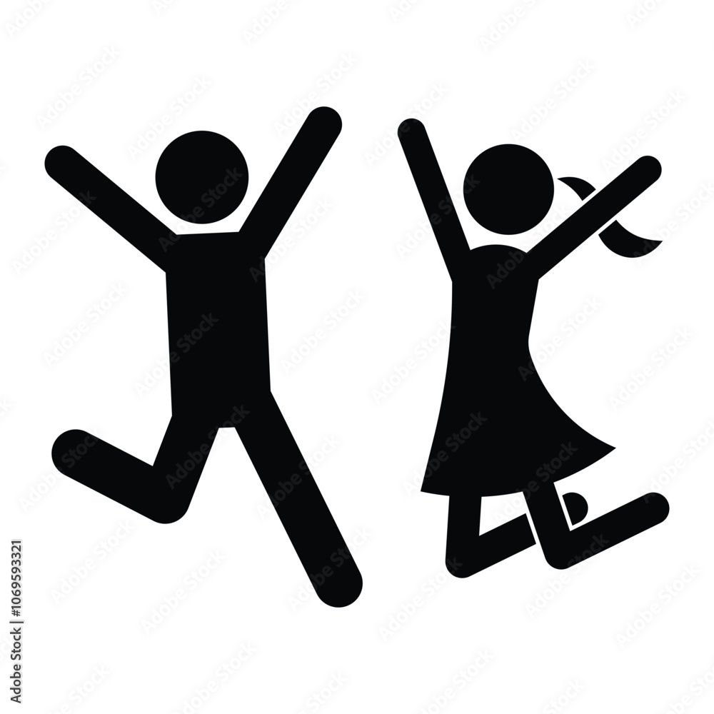 Children jumping for joy. Active kids jumping or trampolining. Summer entertainments and attraction. Black silhouette. Vector illustration.