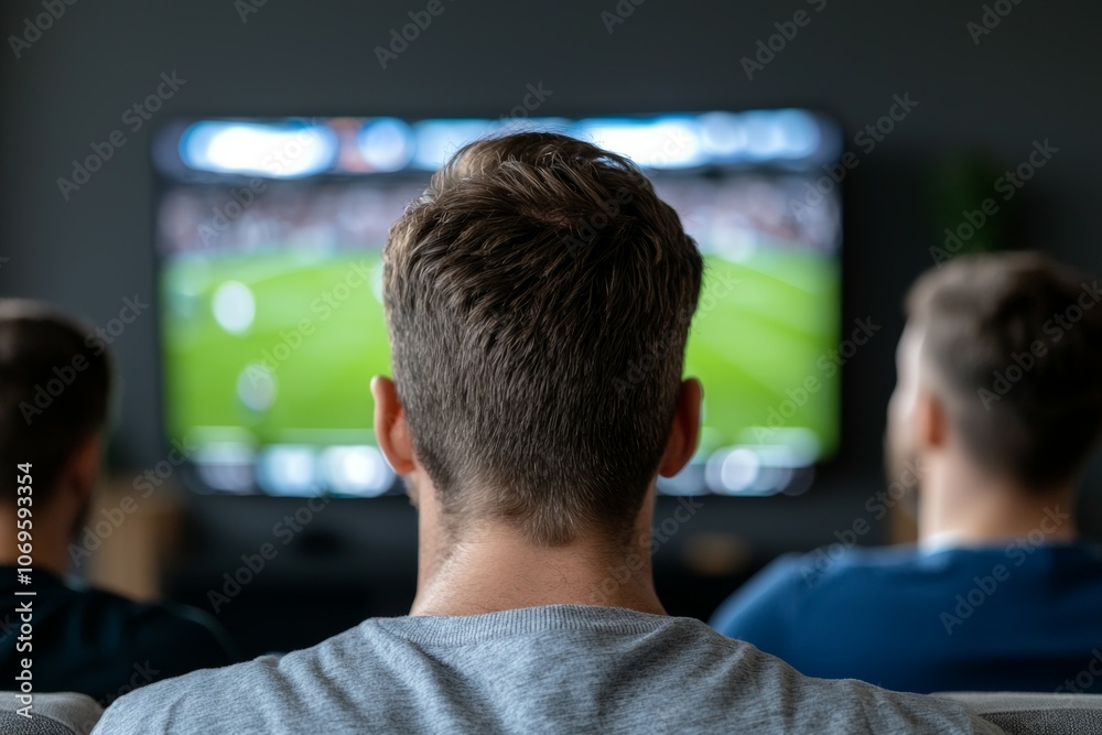 A man is watching a soccer game on a television with two other men A man is watching a soccer game on a television with two other men