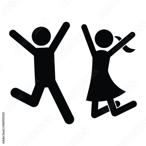 Children jumping for joy. Active kids jumping or trampolining. Summer entertainments and attraction. Black silhouette. Vector illustration.
