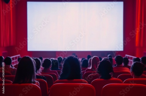 Cinema with wide screen red chairs and blurred silhouettes of people watching a movie