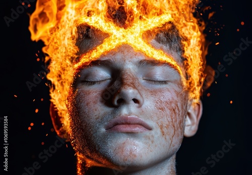 Fiery portrait of a person with eyes closed photo