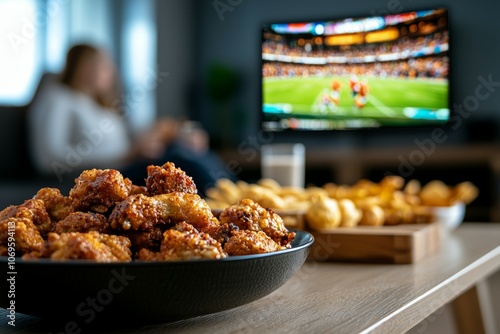 A woman is sitting on a couch while a football game is on a television