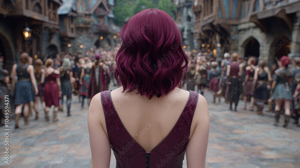 woman with vibrant purple hair walking through a crowded street woman with vibrant purple hair walking through a crowded street