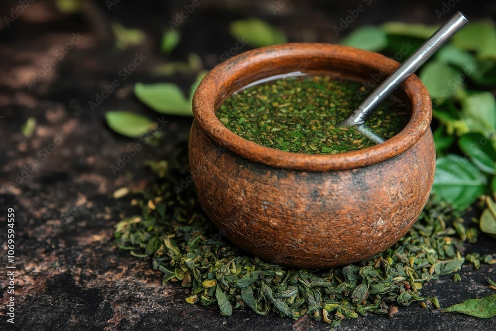 Herbal tea in a rustic wooden bowl Herbal tea in a rustic wooden bowl