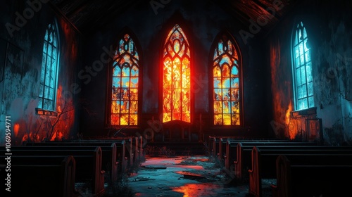 Abandoned Church with Glowing Stained Glass Windows - made with Generative AI