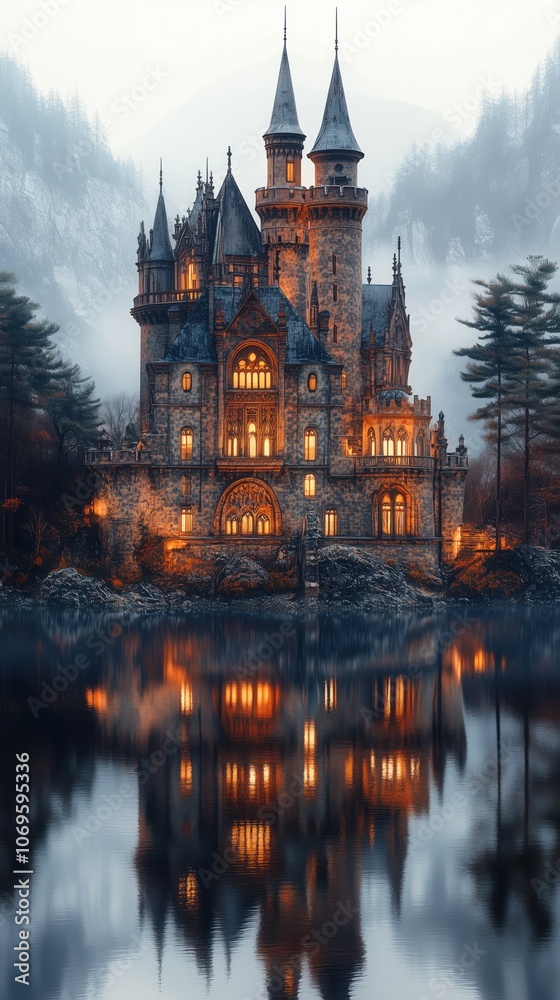 Obraz premium Majestic Medieval Castle Surrounded by Fog and Reflected in Still Water - made with Generative AI