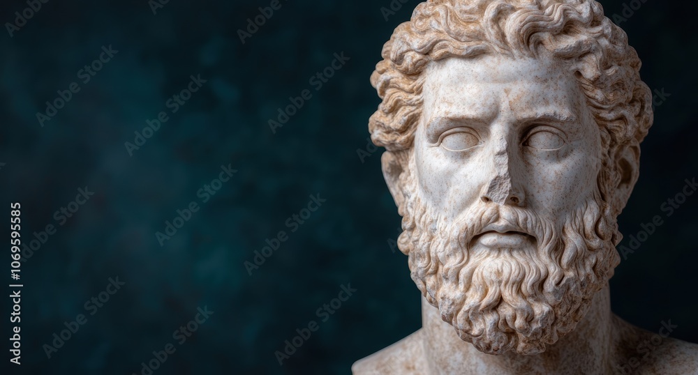 Weathered stone bust with curly hair and beard Weathered stone bust with curly hair and beard