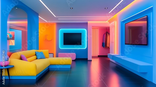 Modern Living Room with Neon Lights and Geometric Shapes