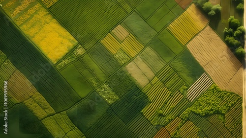 Expansive Agricultural Landscape Captured from Above, Featuring Colorful Crop Fields Arranged in Stunning Patterns_088