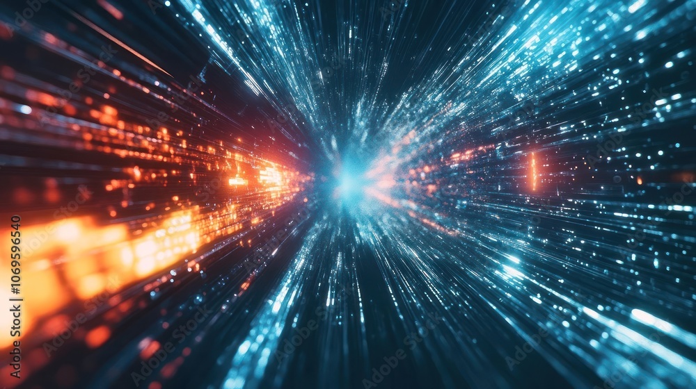 Obraz premium A dynamic visual representation of light and data traveling through a digital space.