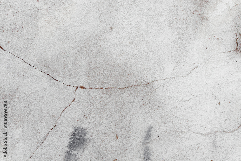 Fototapeta premium White texture of a concrete wall with natural relief and damage in the form of chips and scratches. Fragment of an old stone surface with a crack. Dark rough surface with a place for an inscription