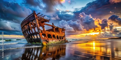 Panoramic Oregon coast, Fort Stevens, Peter Iredale shipwreck. photo