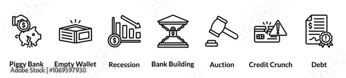 Bankruptcy line icon set. piggy bank, empty wallet, recession, bank building, action, credit crunch, debt