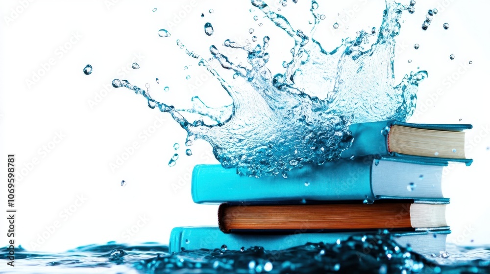 Stack of blue books splashed by water, symbolizing knowledge and freshness in learning. Ideal for academic and creative concepts. Stack of blue books splashed by water, symbolizing knowledge and freshness in learning. Ideal for academic and creative concepts.