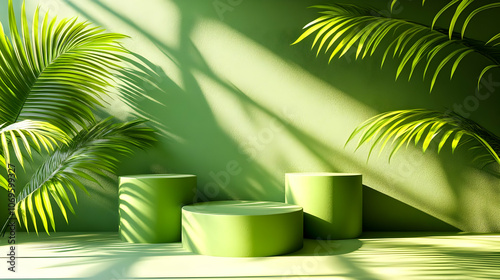 Green 3D Product Display with Palm Leaves and Sunlight