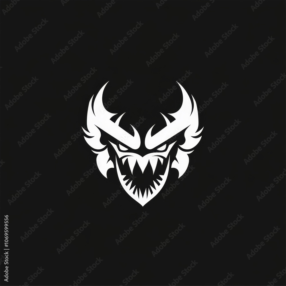 A fierce, white, stylized dragon head with sharp teeth and horns in a black background. A fierce, white, stylized dragon head with sharp teeth and horns in a black background.
