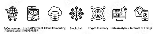 Digital economy line icon set. ecommerce, digital payment, cloud computing, blockchain, crypto currency, data analytics, internet of things