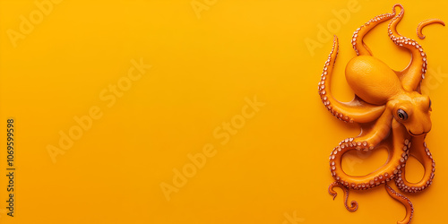 A playful octopus icon situated on the right side, isolated on a panoramic orange backdrop with plenty of room for text -ar 3:2 -s 50 photo