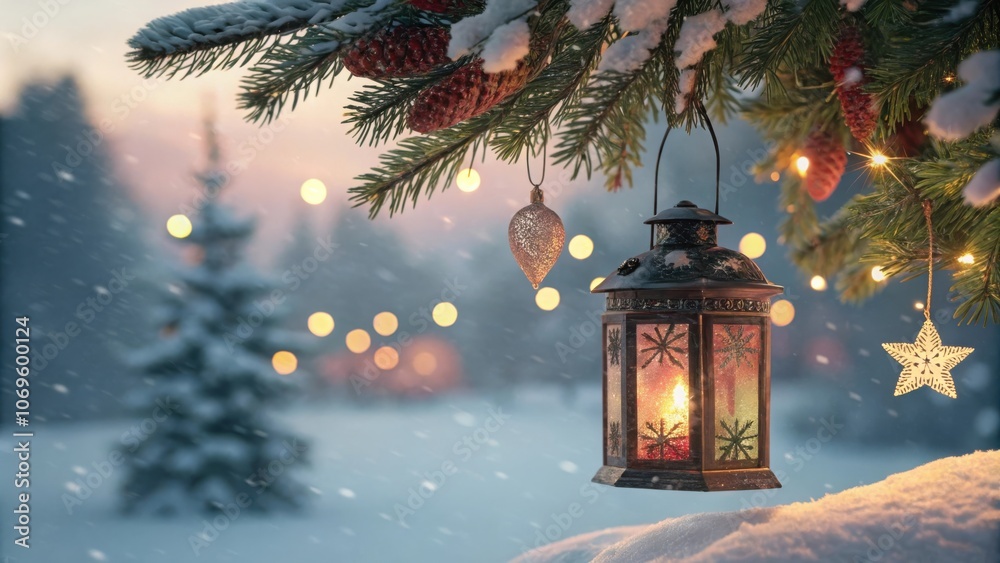Winter Lantern Decor with Snowy Background