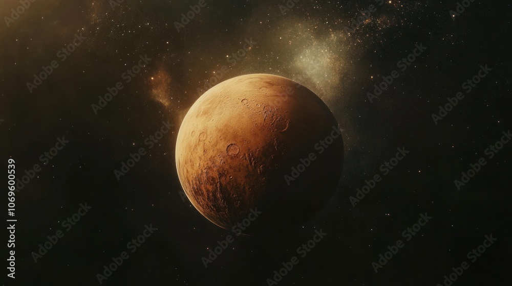 A detailed depiction of Mars in space, highlighting its surface and cosmic surroundings. A detailed depiction of Mars in space, highlighting its surface and cosmic surroundings.