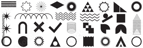 Monochrome retro y2k shapes and elements, vector modern graphics. Abstract geometry forms and figures, stars, arrows, hearts and flowers futuristic symbols. Planet globes, sparks and atom silhouettes.