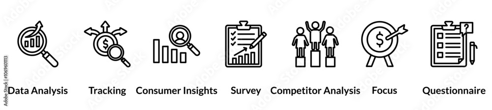 Market research line icon set. data analysis, tracking, consumer insights, survey, competitor analysis, focus, questionnaire