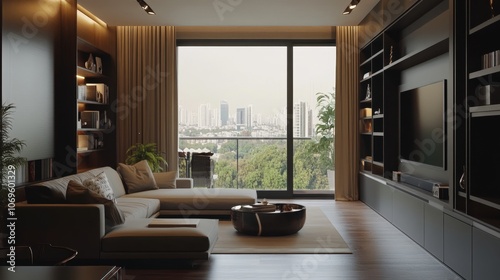 Modern living room with large windows, a comfortable sofa, and a city view.