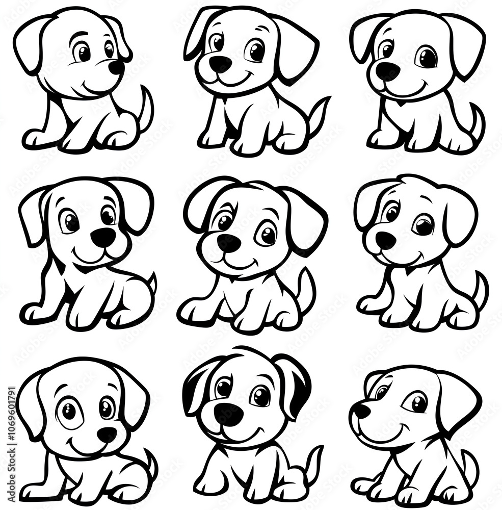 line art cartoon dogs, with happy and smiling poses and expressions, in a clipart style, on a white background line art cartoon dogs, with happy and smiling poses and expressions, in a clipart style, on a white background